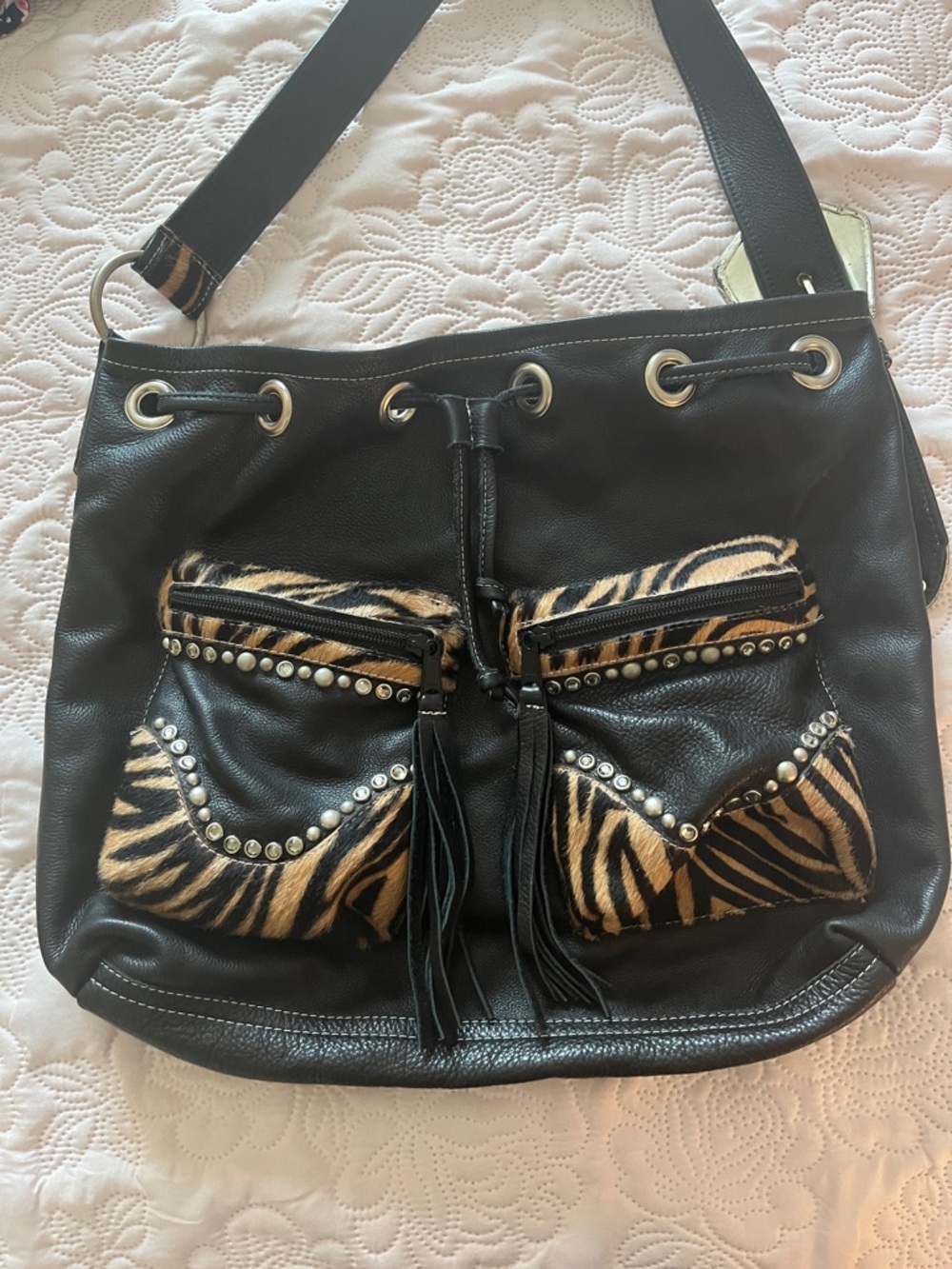 Rainstar Ranch Leatherrock USA Zebra Drawstring Purse - Picture 3 of 13